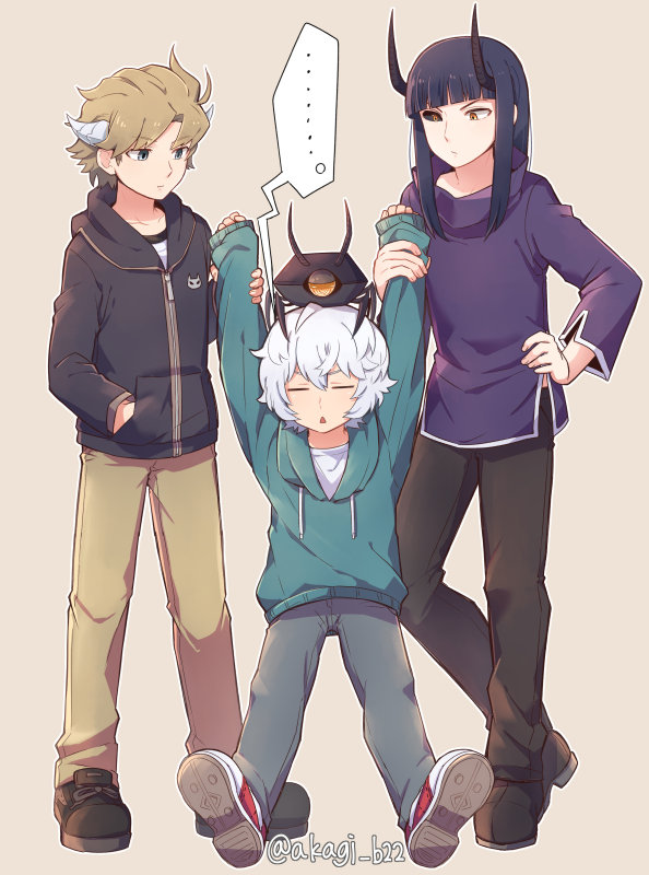 ..., 3boys, =_=, arm_holding, arms_up, bangs, beige_background, black_hair