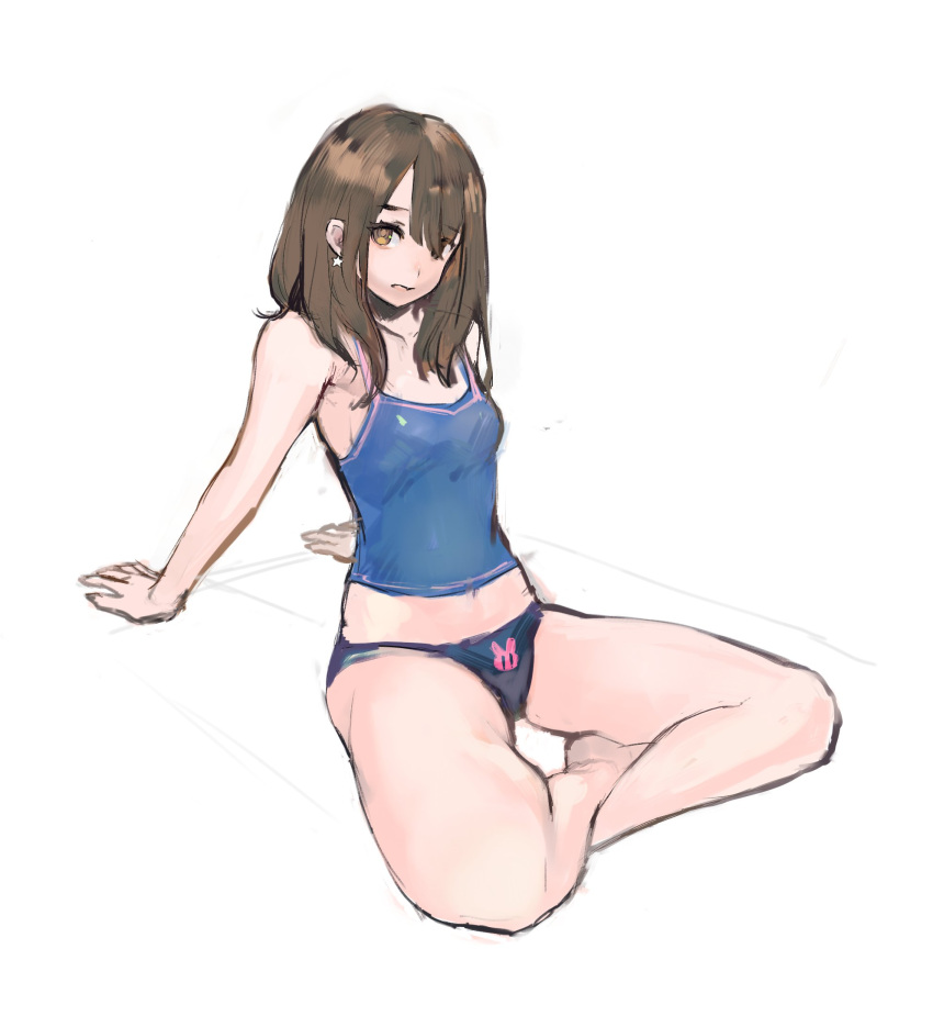 1girl, arm_support, bare_legs, barefoot, black_panties, breasts, brown_eyes, brown_hair