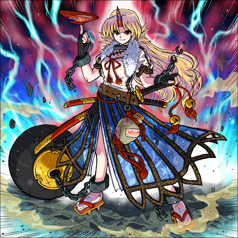 belt, chain, chains, geta, horn, horns, hoshiguma_yuugi, johnnie