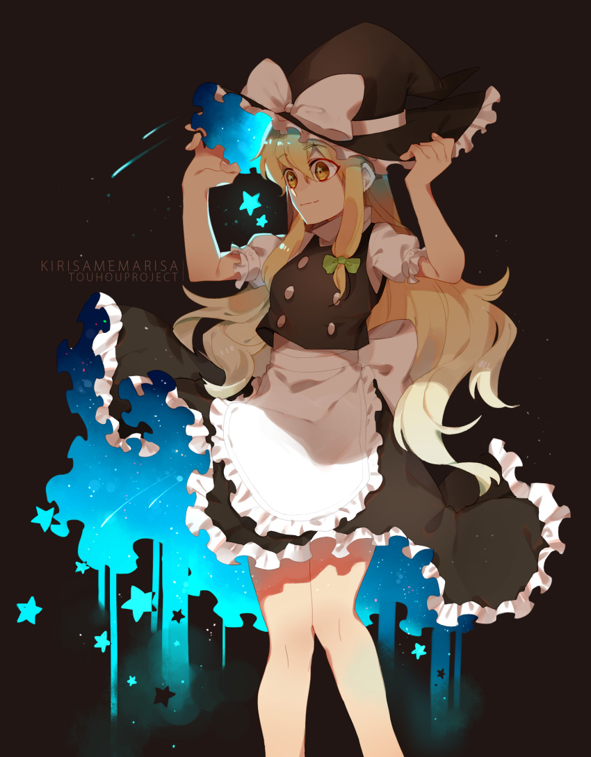 1girl, aooni, apron, black_background, black_hat, black_skirt, black_vest, blonde_hair