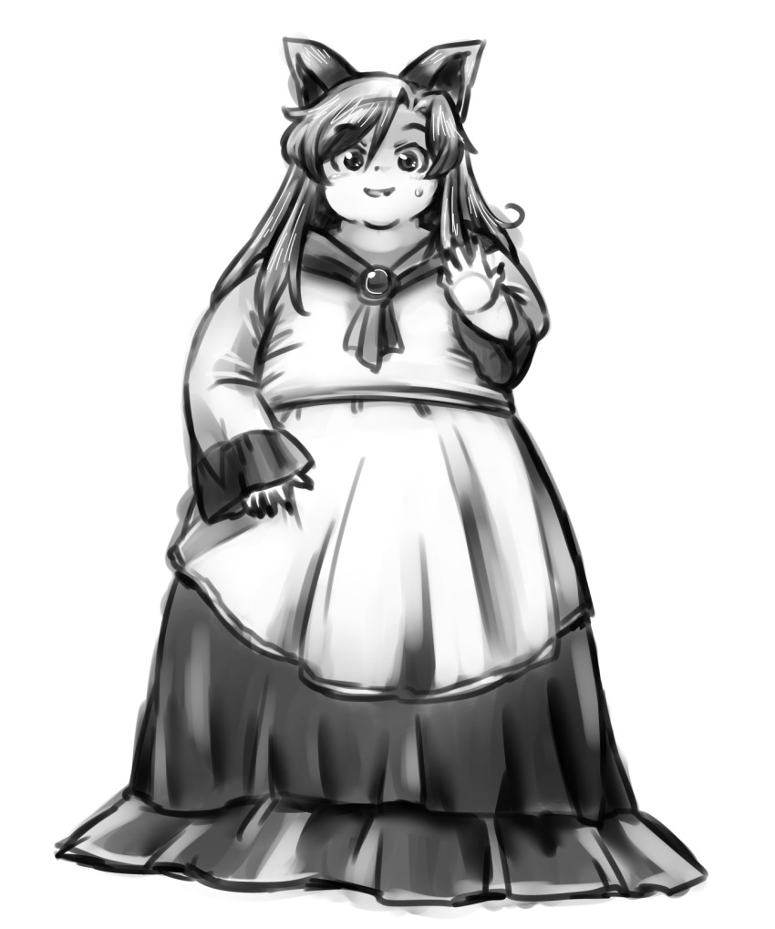 1girl, :d, animal_ears, brooch, double_chin, dress, fat, greyscale, highres, imaizumi_kagerou, jewelry, long_dress, long_hair, long_sleeves, looking_at_viewer, monochrome, nazotyu, open_mouth, sketch, smile, solo, sweat, touhou, very_long_hair, wolf_ears