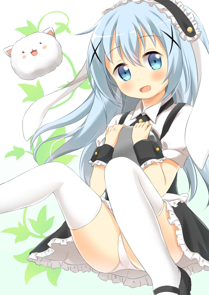 1girl, :3, :d, alternate_costume, angora_rabbit, animal_ears, apron, blue_eyes
