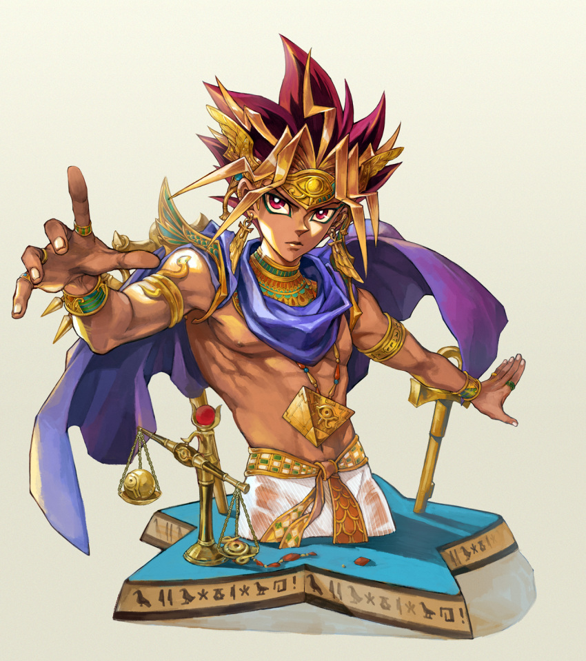 1boy, abs, armlet, atem, bare_chest, black_hair, blonde_hair, broken, cape, circlet, earrings, egyptian, highres, jewelry, male_focus, millennium_eye, millennium_key, millennium_puzzle, millennium_ring, millennium_rod, millennium_scale, multicolored_hair, necklace, red_eyes, redhead, ring, seyo, solo, star, upper_body, wrist_cuffs, yuu-gi-ou, yuu-gi-ou_duel_monsters