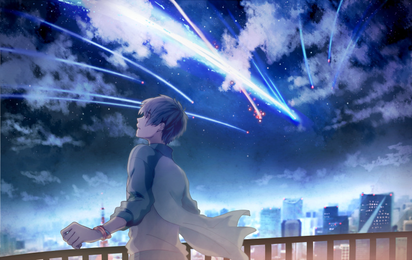1boy, bracelet, brown_hair, building, city, clouds, highres, jacket