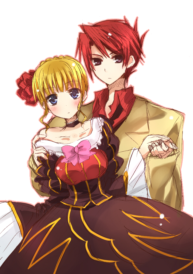 beatrice, blonde_hair, blue_eyes, brown_hair, choker, hand_holding, hinase_haruka, holding_hands