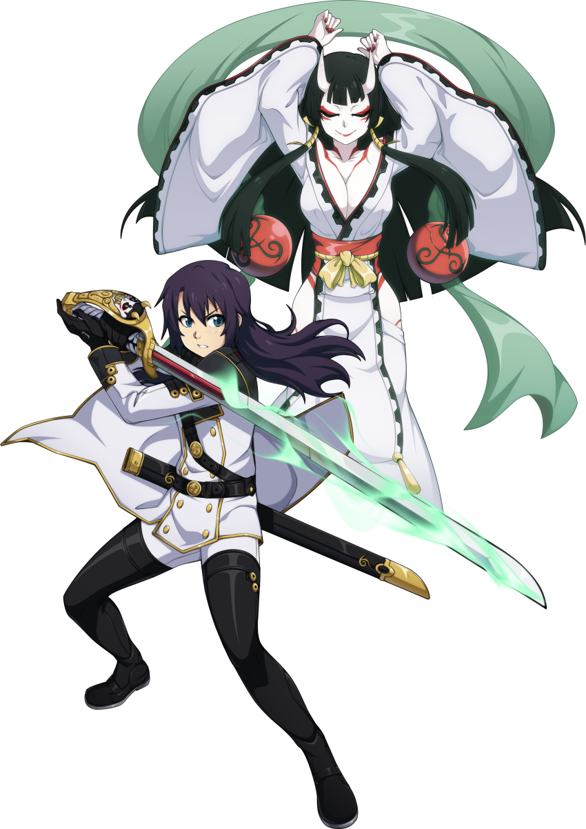 1boy, 1girl, absurdres, alpha_transparency, bangs, black_gloves, black_hair, blue_eyes, boots, breasts, cleavage, closed_eyes, commentary, fearless_night, fighting_stance, gloves, goddess, hagoromo, highres, japanese_clothes, kimono, kouta_onimura, large_breasts, long_hair, military, military_uniform, obi, official_art, oni_horns, purple_hair, saber_(weapon), sash, scabbard, shawl, sheath, shinatobe, spike_wible, sword, thigh-highs, thigh_boots, uniform, weapon, white_skin, wide_sleeves