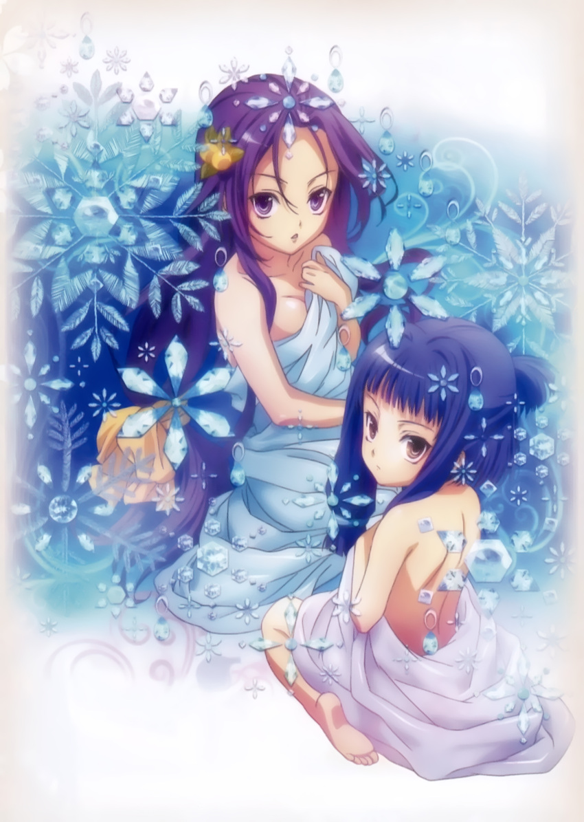 2girls, absurdres, akechi_mitsuhide_(oda_nobuna_no_yabou), bare_back, barefoot, blue_hair, breasts, brown_eyes, cleavage, hair_between_eyes, hair_ornament, highres, long_hair, looking_at_viewer, maeda_inuchiyo, medium_breasts, multiple_girls, naked_sheet, oda_nobuna_no_yabou, purple_hair, snowflakes, violet_eyes