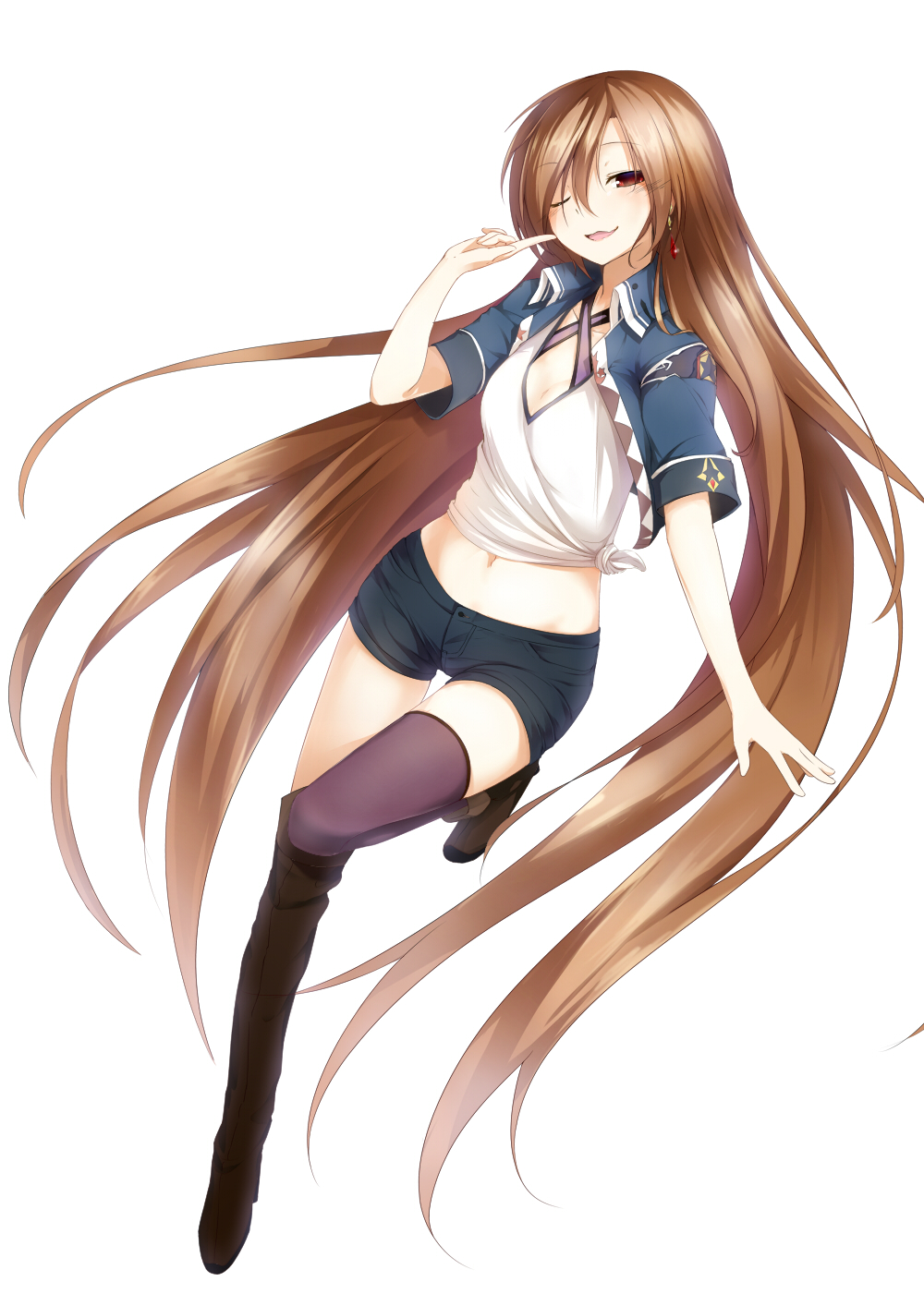 1girl, asymmetrical_legwear, black_shorts, breasts, brown_eyes, brown_hair, cleavage, collarbone