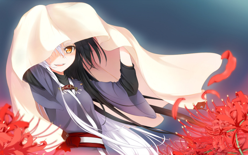1girl, black_hair, fang, flower, kisaragi_yuki_(sora_saki), long_hair, looking_at_viewer, multicolored_hair