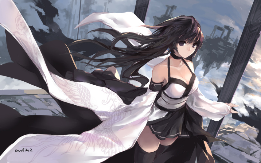 1girl, black_hair, black_legwear, breasts, cleavage, collarbone, detached_sleeves, dress