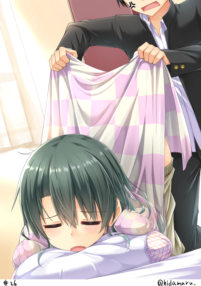 1boy, 1girl, alternate_costume, anger_vein, bed_sheet, bedroom, bending_forward, black_hair