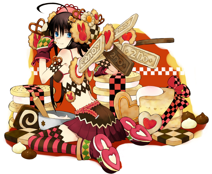 ahoge, bad_id, bikini_top, checkerboard_cookie, cookie, cooking, dessert, food