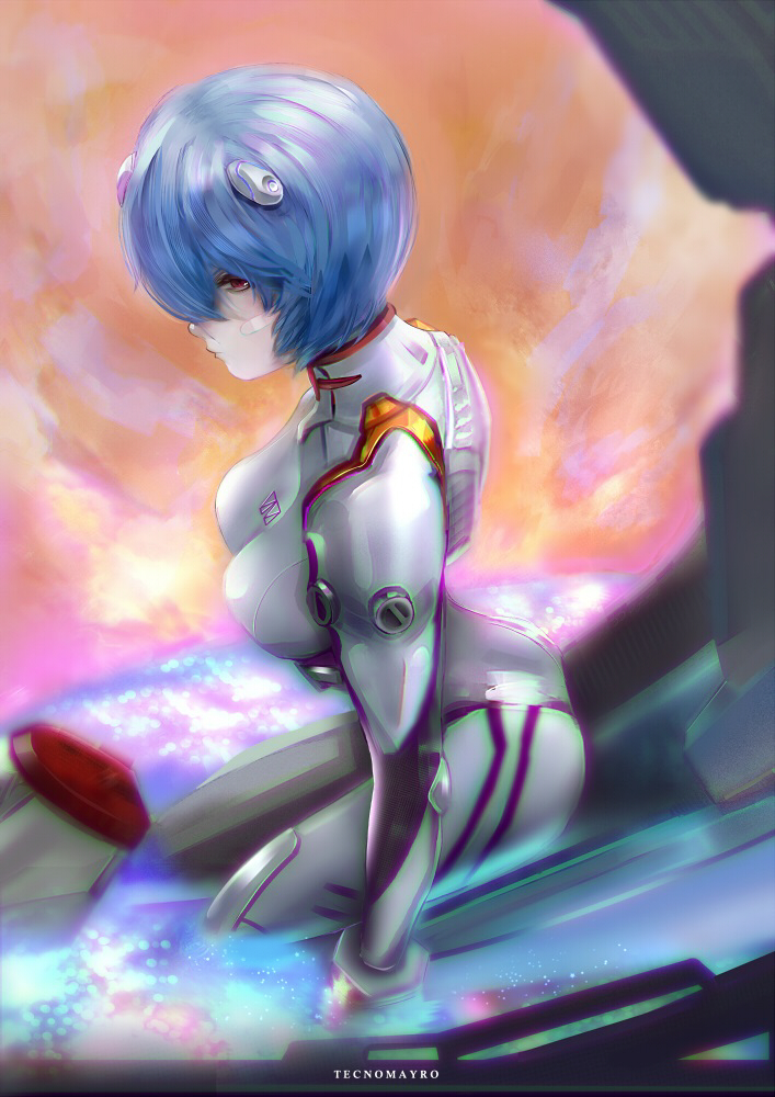 1girl, artist_name, ayanami_rei, bangs, blue_hair, bodysuit, bracer, breasts