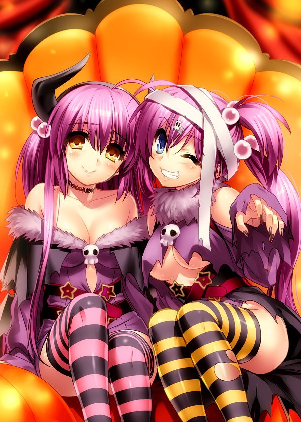 2girls, ;d, bandages, blue_eyes, breasts, brown_eyes, chair, choker, costume, fur_trim, futaki_kanata, grin, hair_bobbles, hair_ornament, horns, little_busters!!, long_hair, multiple_girls, one_eye_closed, open_mouth, purple_hair, saigusa_haruka, side_ponytail, skull, skull_pin, smile, striped, striped_legwear, under_boob, zen