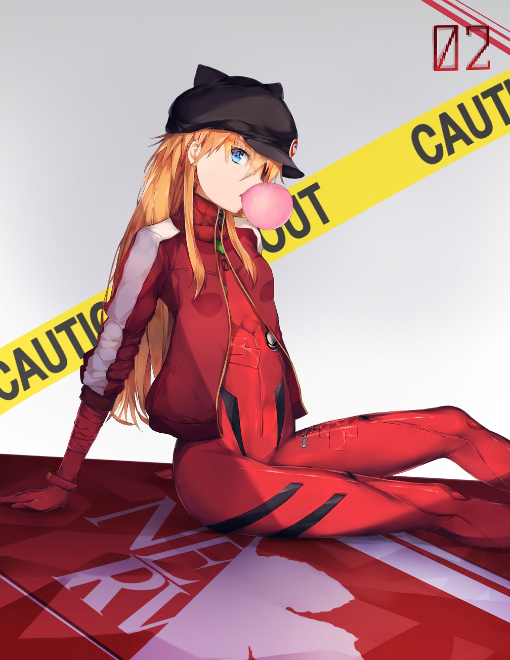 bodysuit, bracer, bubblegum, caution_tape, copybird, evangelion:_3.0_you_can_(not)_redo, eyepatch, highres, jacket, long_hair, neon_genesis_evangelion, nerv, orange_hair, pilot_suit, plugsuit, rebuild_of_evangelion, shikinami_asuka_langley, sitting, souryuu_asuka_langley, track_jacket