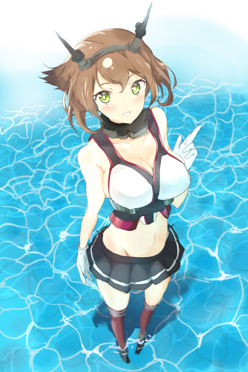 black_skirt, breasts, brown_hair, collar, collarbone, from_behind, gloves, green_eyes