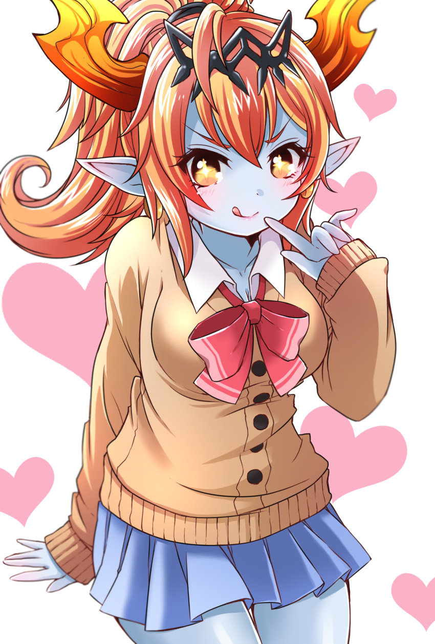 1girl, :q, blue_skin, blush, cardigan, finger_to_mouth, hera-ur_(p&amp;d), hera_(p&amp;d)