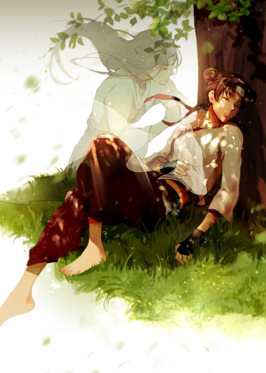 1boy, 1girl, absurdres, barefoot, black_hair, brown_hair, closed_eyes, double_bun