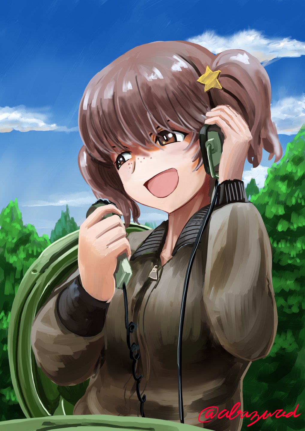 1girl, abazu-red, alisa_(girls_und_panzer), bangs, brown_eyes, brown_hair, brown_jacket, clouds