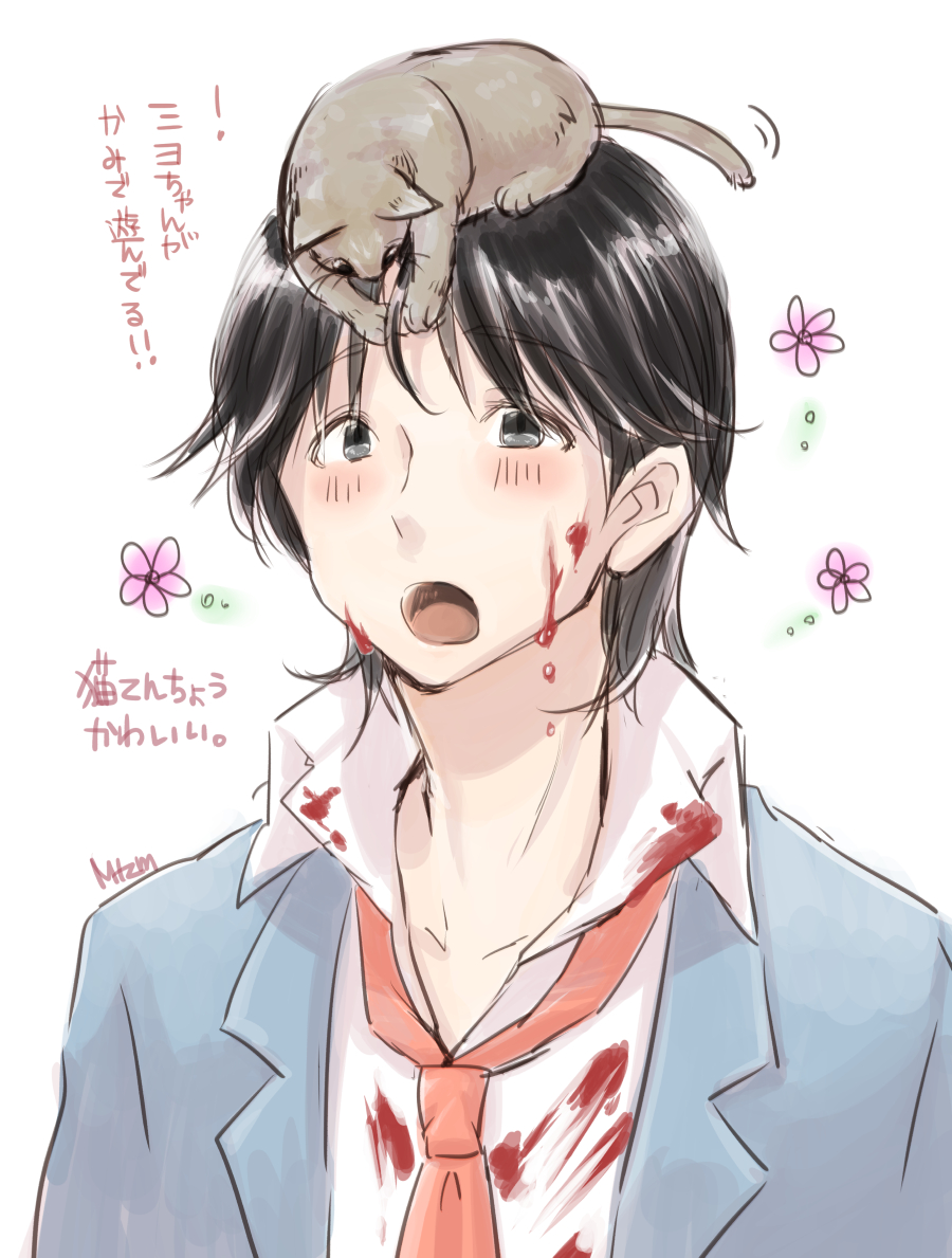 1boy, black_hair, blood, blush, cat, flower, hzmx, necktie