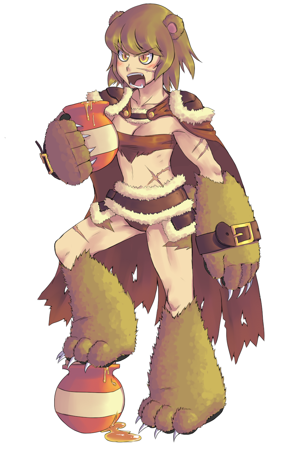 >:o, 1girl, :o, angry, animal_ears, arm_belt, bear_ears, bear_paws