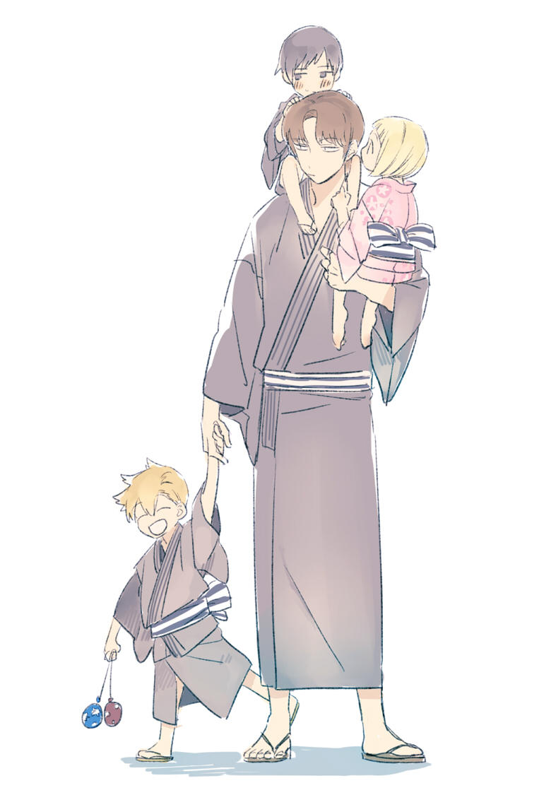 1girl, 3boys, ^_^, arm_at_side, arm_up, back, bangs, barefoot