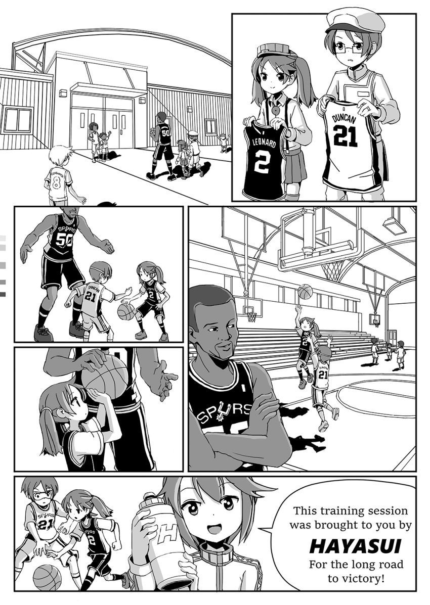 adrian_ferrer, basketball, basketball_court, basketball_hoop, basketball_uniform, bleachers, bottle, clenched_hand, color_guide, comic, crossed_arms, dark_skin, dark_skinned_male, david_robinson, english, facial_hair, female_admiral_(kantai_collection), glasses, hair_tie, hat, hayasui_(kantai_collection), height_difference, highres, jersey, jumping, kantai_collection, magatama, military, military_hat, military_uniform, monochrome, open_mouth, playing_sports, pleated_skirt, real_life, ryuujou_(kantai_collection), shadow, short_hair, skirt, smile, sport, sportswear, suspenders, twintails, uniform, visor, visor_cap
