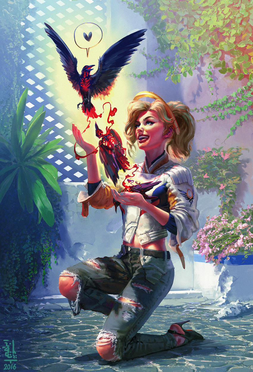 1girl, adapted_costume, animal, animal_on_hand, belt, bird, black_shoes, blonde_hair
