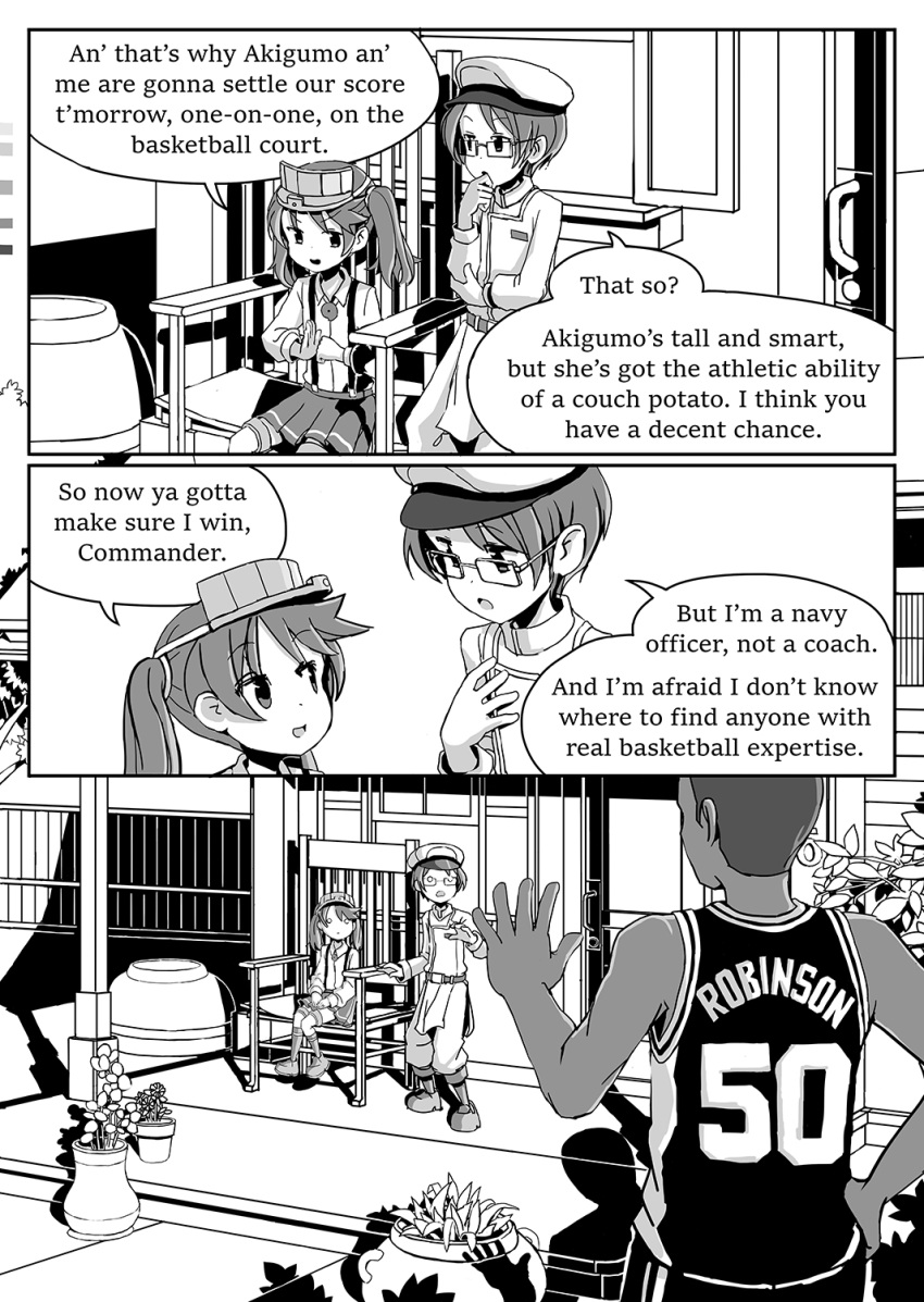 adrian_ferrer, basketball_uniform, chair, color_guide, comic, dark_skin, dark_skinned_male, david_robinson, english, female_admiral_(kantai_collection), flower, glasses, hair_tie, hand_on_own_chin, hat, highres, house, kantai_collection, magatama, military, military_hat, military_uniform, monochrome, open_mouth, oversized_object, real_life, ryuujou_(kantai_collection), shadow, short_hair, sitting, smile, sportswear, surprised, suspenders, twintails, uniform, vase, visor_cap