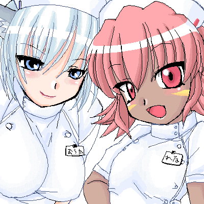 .hack//dusk, .hack//tasogare_no_udewa_densetsu, 2girls, animal_ears, blue_eyes, blush, breasts, dark_skin