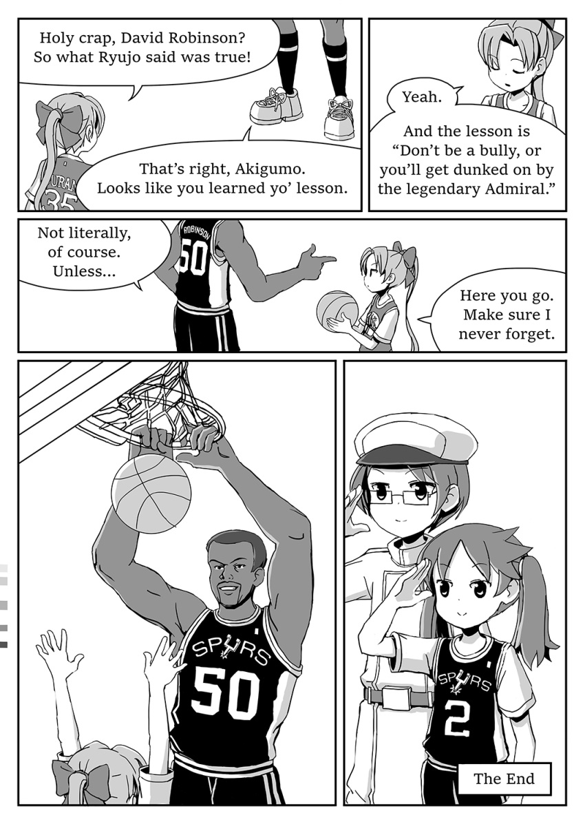 adrian_ferrer, akigumo_(kantai_collection), basketball, basketball_hoop, basketball_uniform, color_guide, comic, dark_skin