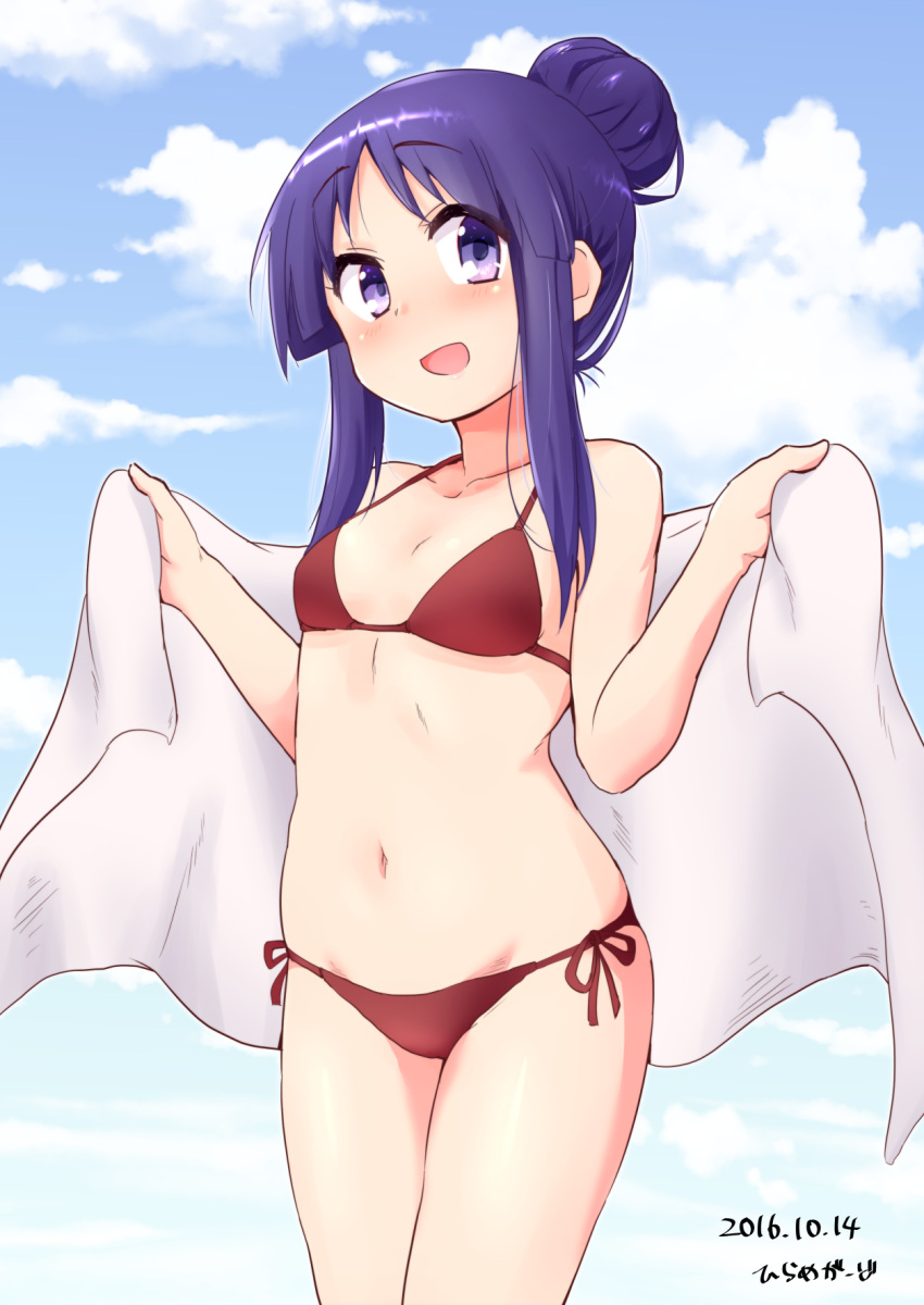 1girl, artist_name, bikini, breasts, clouds, dated, groin, hair_bun