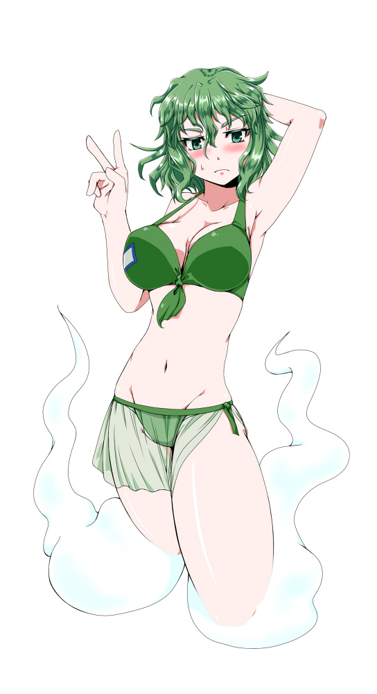 1girl, arm_behind_head, bikini_skirt, blush, breasts, cleavage, frown, ghost_tail