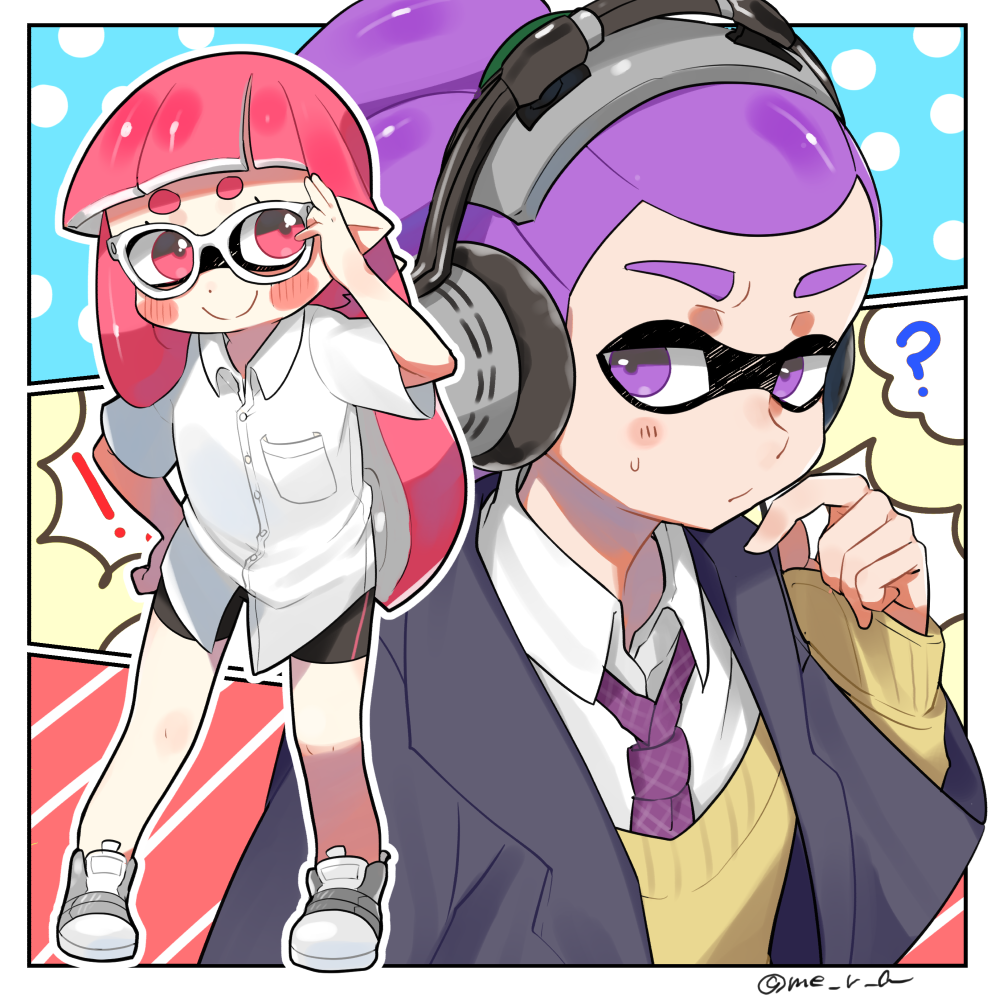 amamiya_yuumu, bike_shorts, domino_mask, headphones, inkling, mask, necktie, pink_eyes