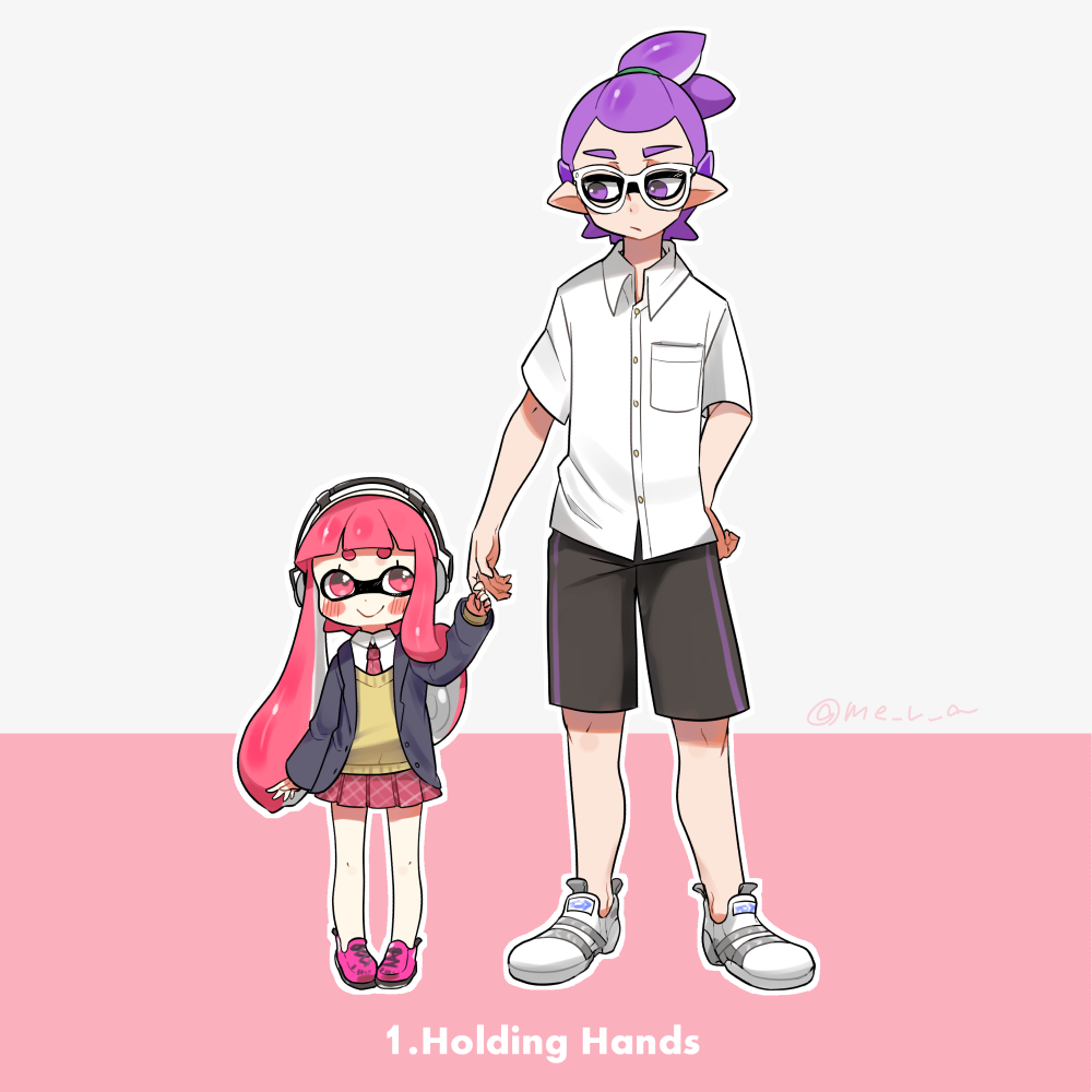 amamiya_yuumu, blush, domino_mask, headphones, height_difference, holding_hands, inkling, mask