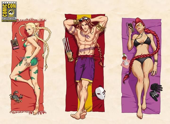 1boy, 2girls, abs, ahoge, armlet, arms_behind_head, arnold_tsang, ass