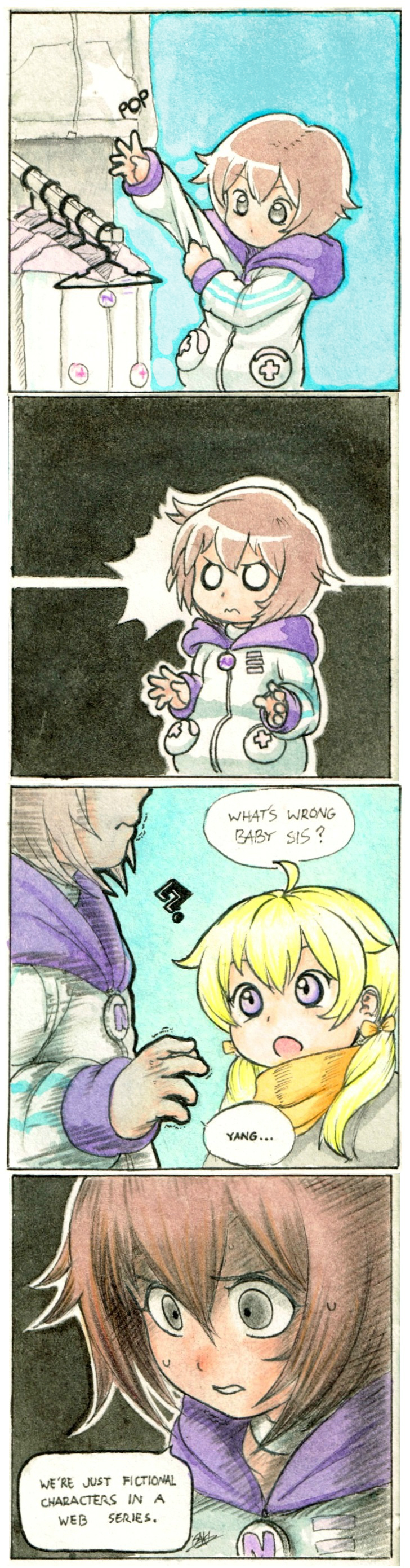 4koma, absurdres, ahoge, blonde_hair, brown_hair, chibi, choker, clothes_hanger