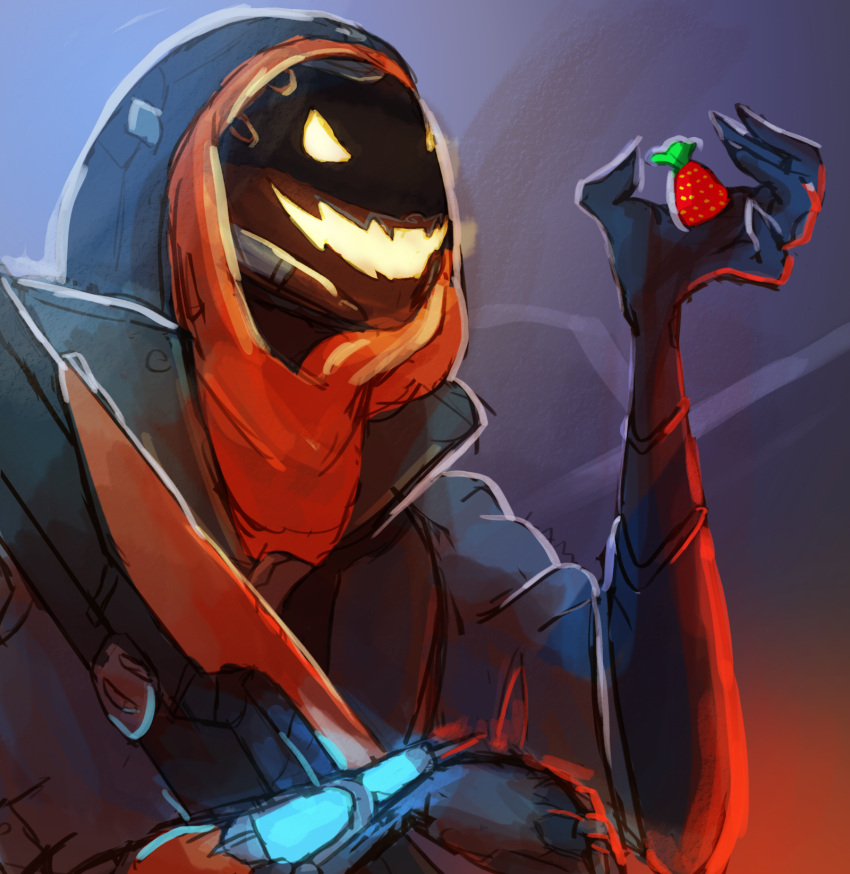 1girl, alternate_costume, ana_(overwatch), candy, deamonett, evil_smile, ghoul_ana, glowing, glowing_eyes, highres, hood, mask, open_mouth, overwatch, smile, solo, upper_body