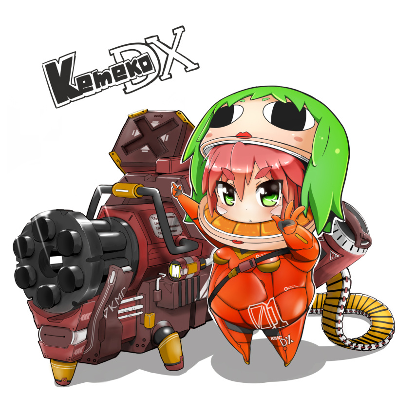 1girl, ammunition_belt, blush, blush_stickers, bodysuit, copyright_name, eyebrows, eyebrows_visible_through_hair