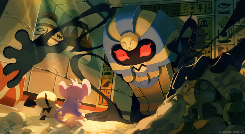aipom, bluekomadori, budew, cofagrigus, egyptian, hiding, hieroglyphics, highres