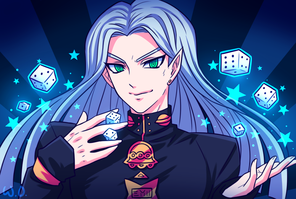 1boy, @_@, artist_name, dice, earrings, gakuran, green_eyes, hazekura_mikitaka, jewelry, jojo_no_kimyou_na_bouken, long_hair, male_focus, pointy_ears, school_uniform, silver_hair, smile, solo, star, stud_earrings, upper_body, watermelonowl