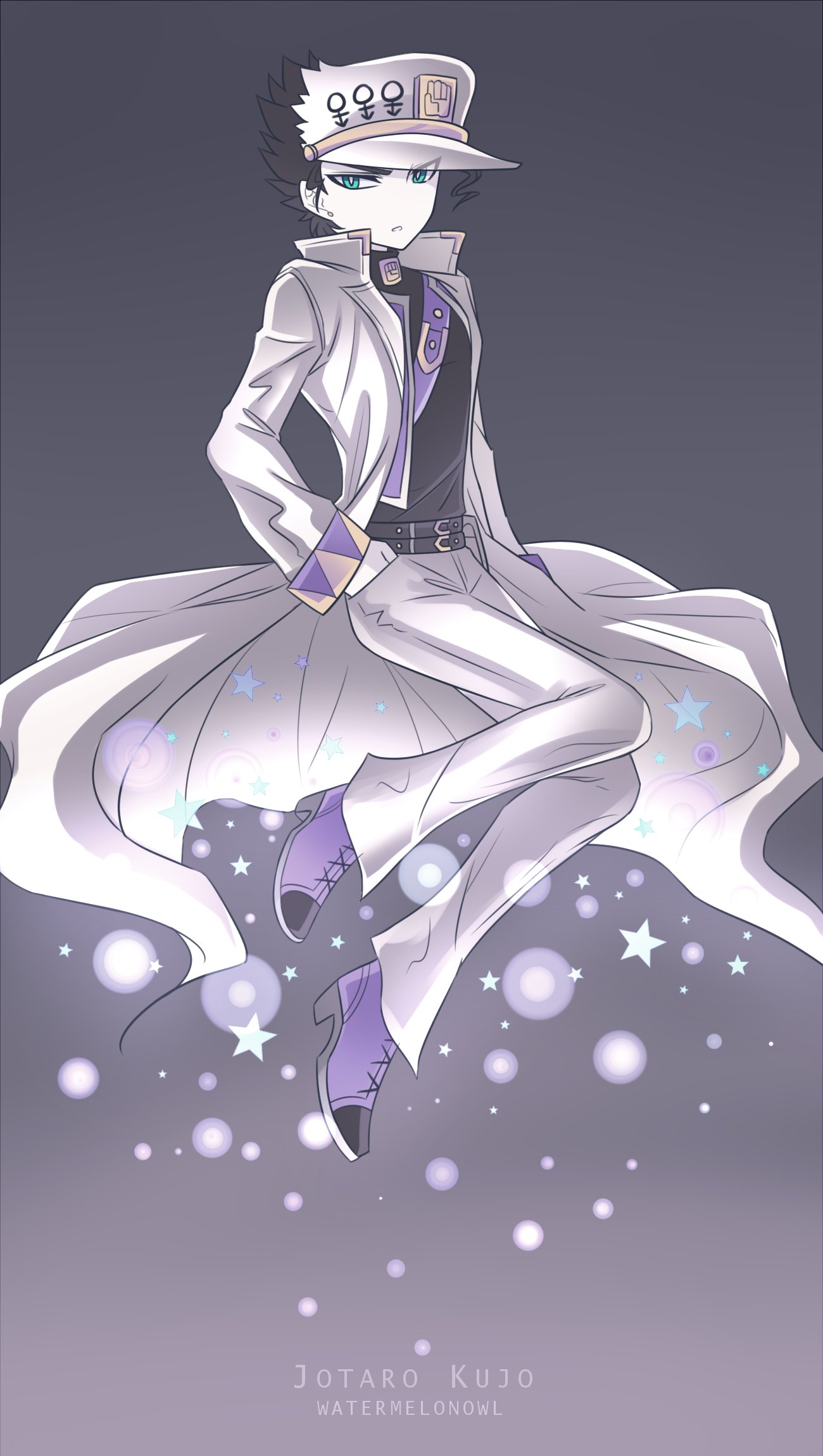 1boy, artist_name, belt, black_hair, boots, character_name, coat, earrings