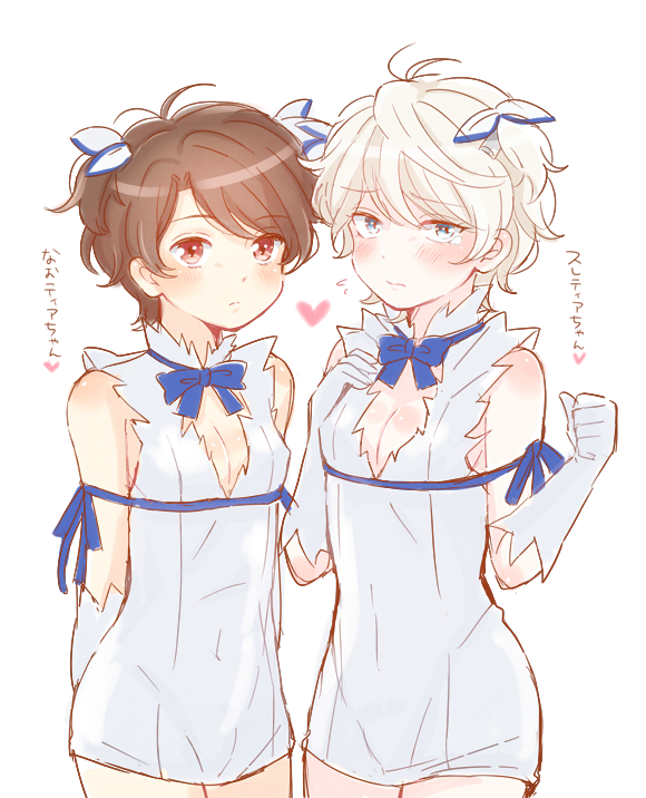 2boys, aldnoah.zero, blush, cleavage_cutout, cosplay, crossdressinging, dress, dungeon_ni_deai_wo_motomeru_no_wa_machigatteiru_darou_ka, gloves, hestia_(danmachi), hestia_(danmachi)_(cosplay), kaizuka_inaho, matching_outfit, multiple_boys, ne_co_neco, otoko_no_ko, rei_no_himo, ribbon, slaine_troyard, white_dress, white_gloves