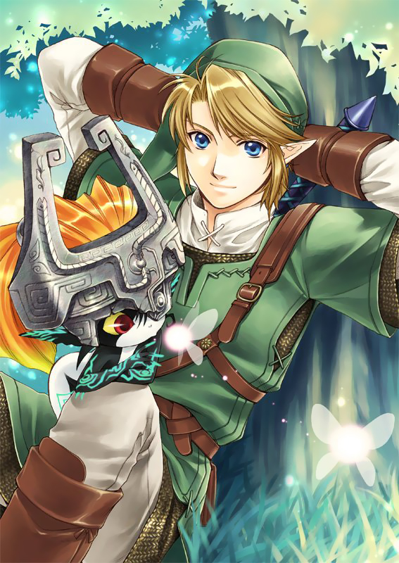 blue_eyes, brown_hair, fairy, gloves, link, master_sword, midna, nature