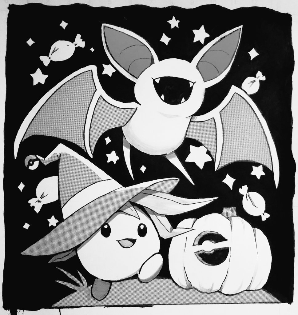 candy, fangs, hat, ink_(medium), jack-o'-lantern, monochrome, no_humans, oddish, open_mouth, pokemon, pokemon_(creature), smile, star, starry_background, traditional_media, witch_hat, zombiedaisuke, zubat