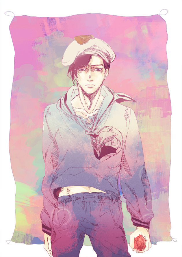 1boy, anchor_symbol, frown, gloom_(expression), groin, hat, jojo_no_kimyou_na_bouken, jojolion, kira_yoshikage_(jojolion), male_focus, mushiba_kooh, navel, rokakaka, sailor, sailor_hat, solo
