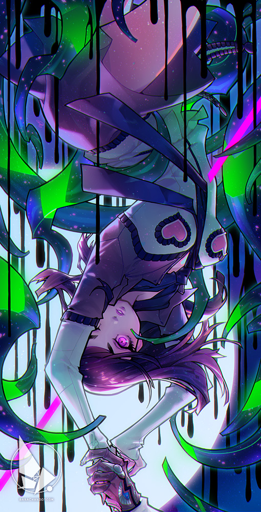 1girl, amano_maya, arms_up, barachan, dripping, full_moon, glowing, glowing_eyes