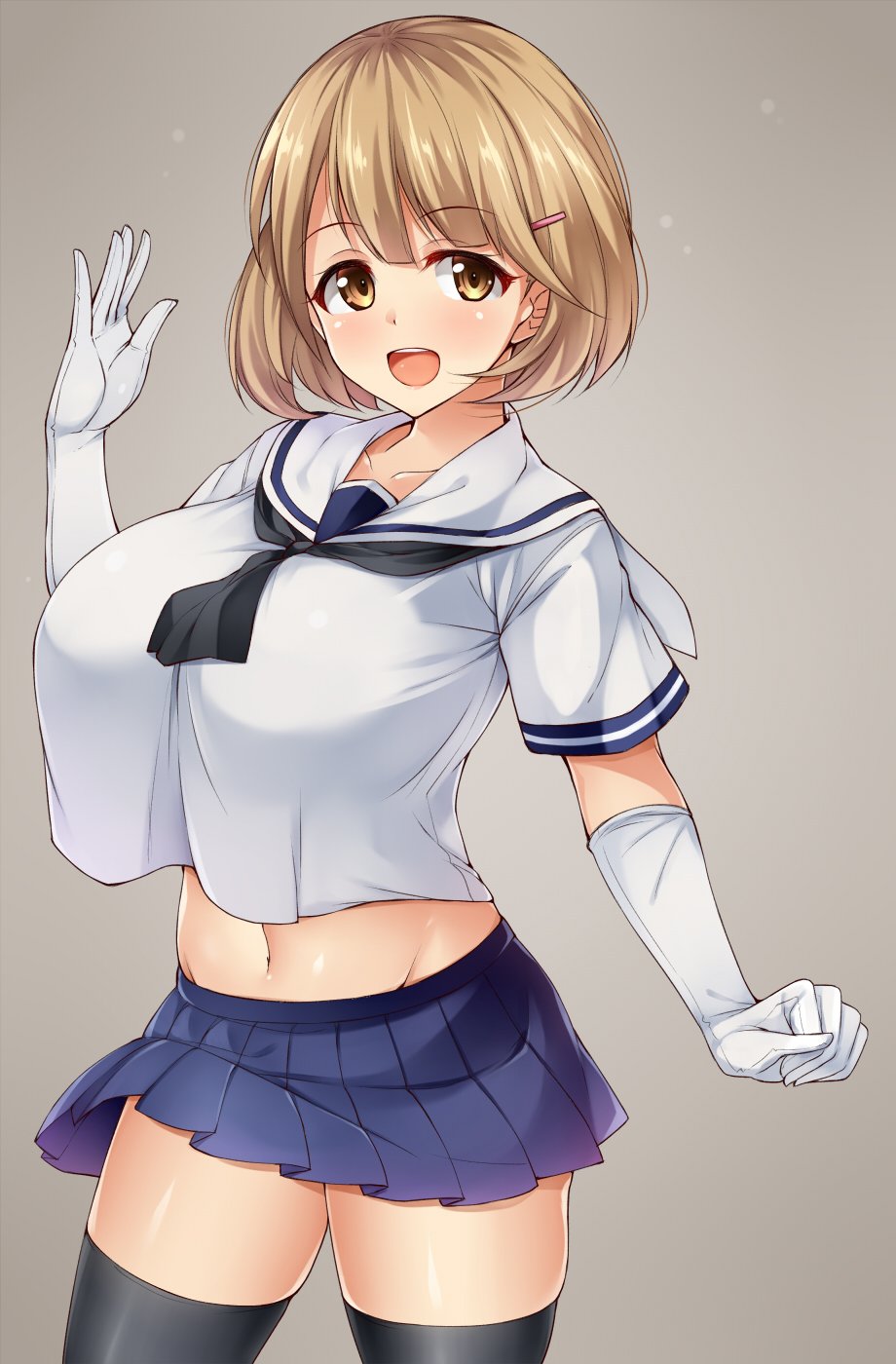 1girl, breasts, brown_eyes, brown_hair, gloves, hair_ornament, hairclip, highres