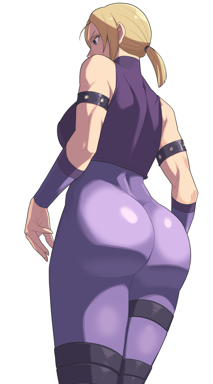 1girl, absurdres, ass, baka_guruo, blonde_hair, blue_eyes, bodysuit, breasts