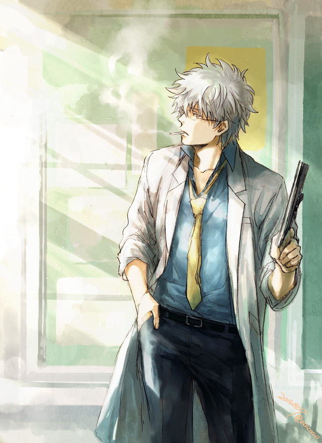 1boy, acaco, bespectacled, cigarette, gintama, glasses, hand_in_pocket, labcoat